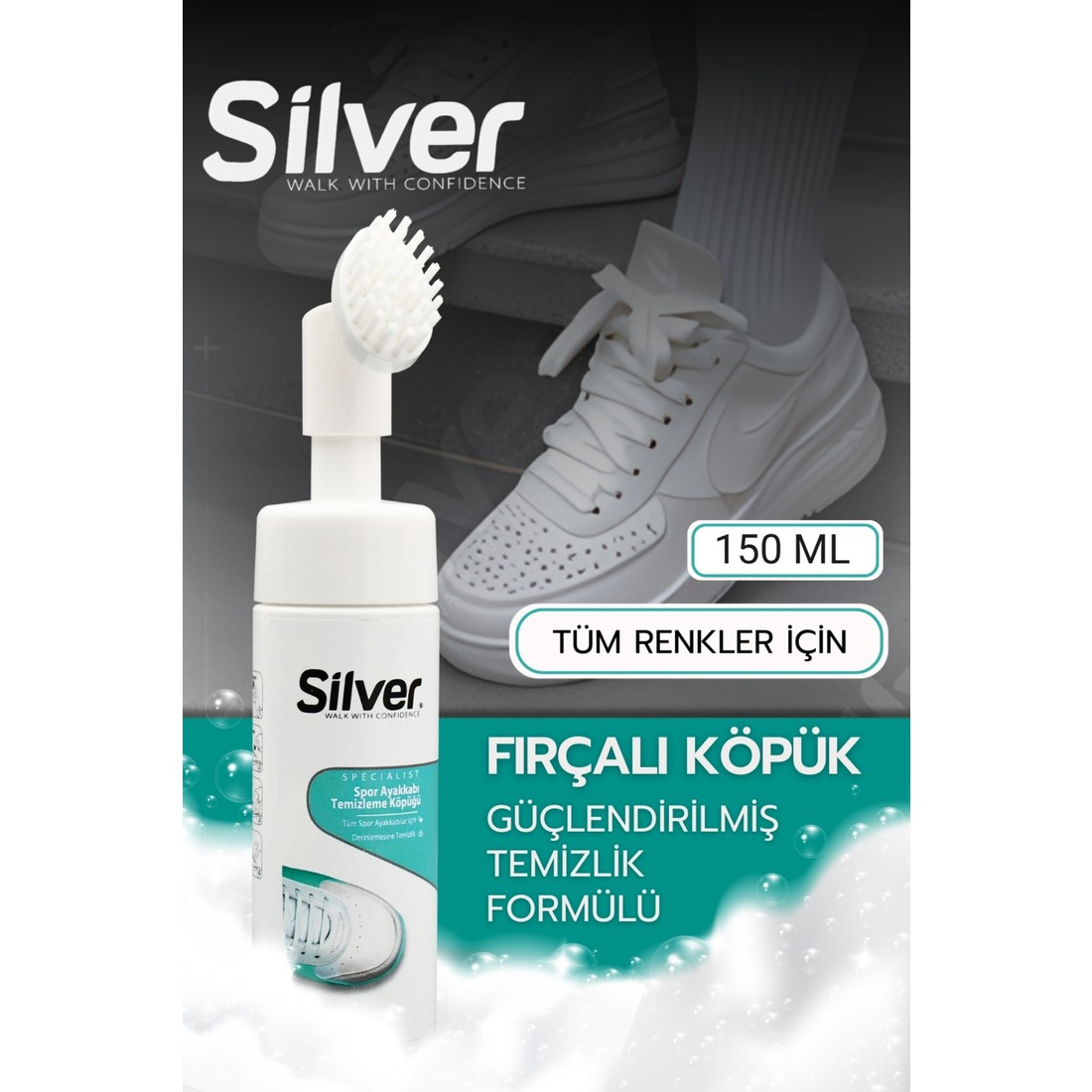 Silver Fırçalı Köpük Spor Ayakkabı Bakım Temizleme 150 ml Güçlendirilmiş Formül Tüm Renkler İçin