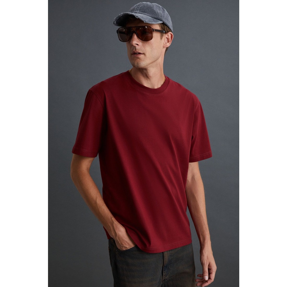 Grimelange Solo Erkek %100 Organik Pamuklu Kalın Dokulu Comfort Fit Bisiklet Yakalı Bordo T-shirt