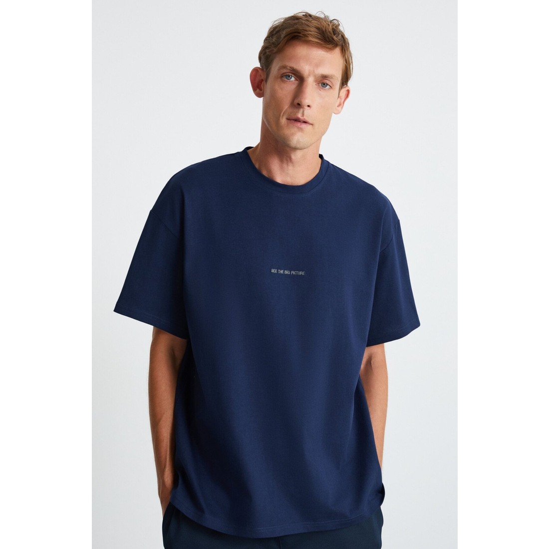 Grimelange Rıver Erkek Oversize Fit Bol Kesim Nakış Işlemeli Basic Örme Lacivert T-shirt