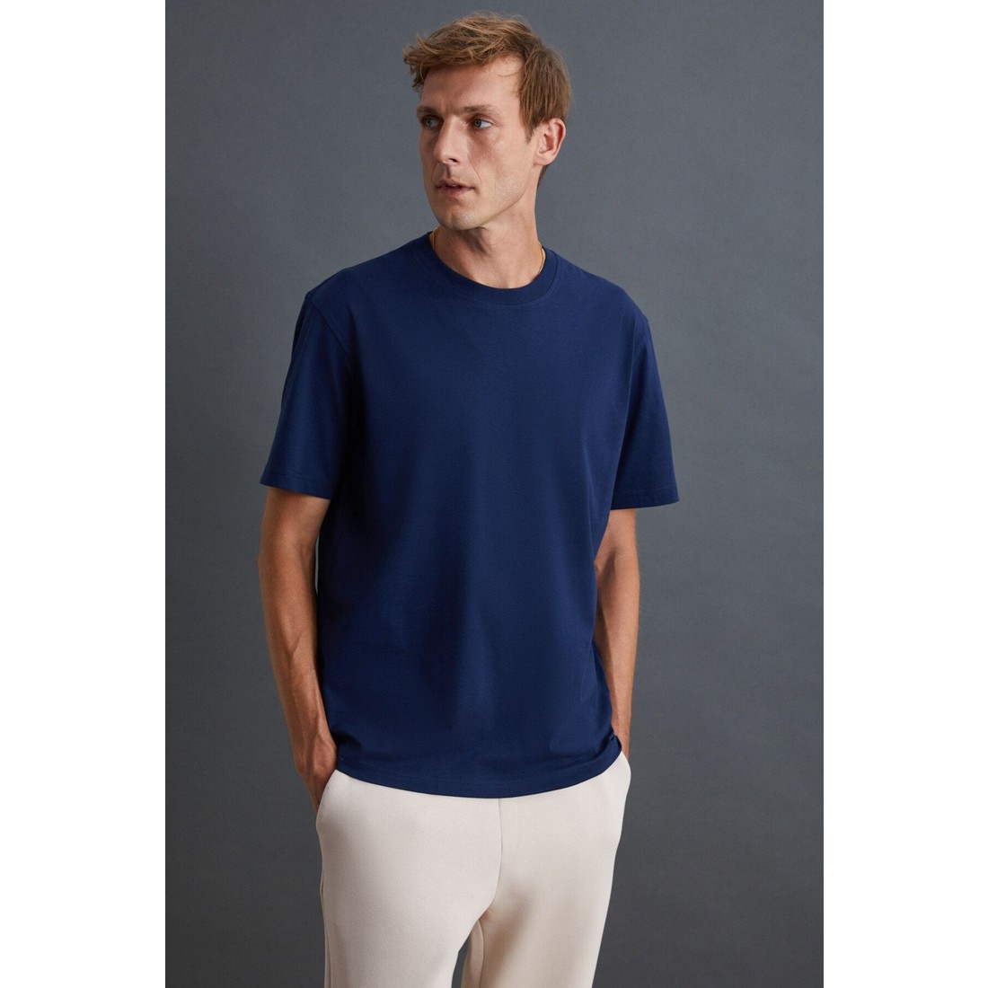 Grimelange Solo Erkek %100 Organik Pamuklu Kalın Dokulu Comfort Fit Bisiklet Yakalı Lacivert T-shirt