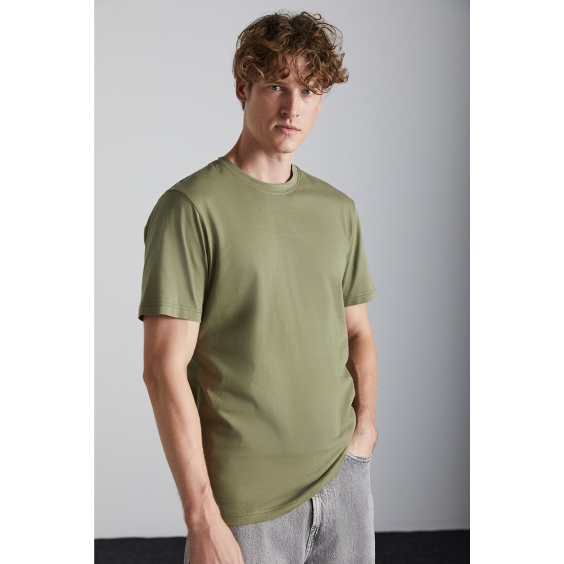 Grimelange Solo Erkek %100 Organik Pamuklu Kalın Dokulu Comfort Fit Bisiklet Yakalı Haki T-shirt