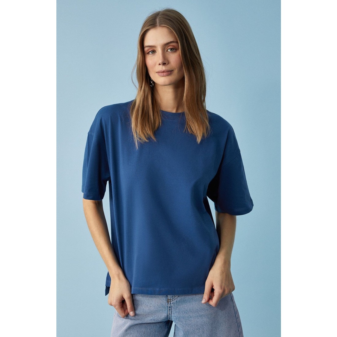 Grimelange Jemmy Kadın %100 Organik Pamuk Relaxed Fit Yırtmaçlı Yuvarlak Yakalı Lacivert T-Shirt