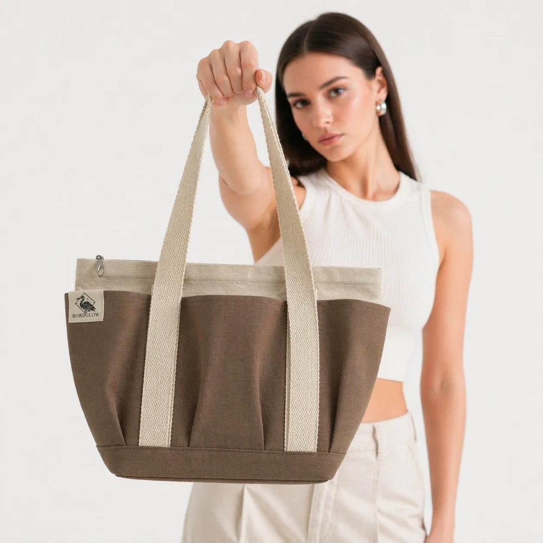 Bordglow PlusGlow Design Serisi – Camel Premium Kanvas Tote Bag | 9 cep - Fermuarlı (40x26x12 cm)
