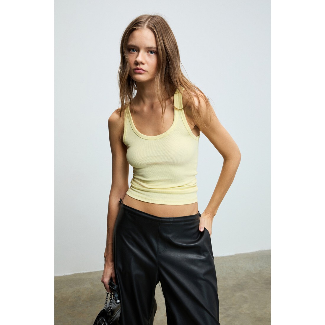 Ethiquet Lıllesol Kadın Fitilli Görünümlü Slim Fit Vücuda Oturan Havuz Yakalı Pamuklu Basic Sarı Atlet