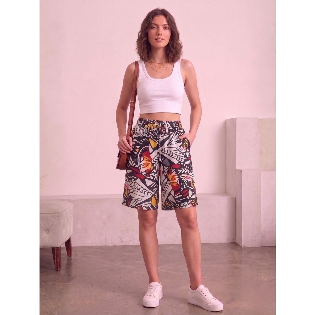 Trendseninle Kadın Dokuma Desenli Şort Retro Renkli