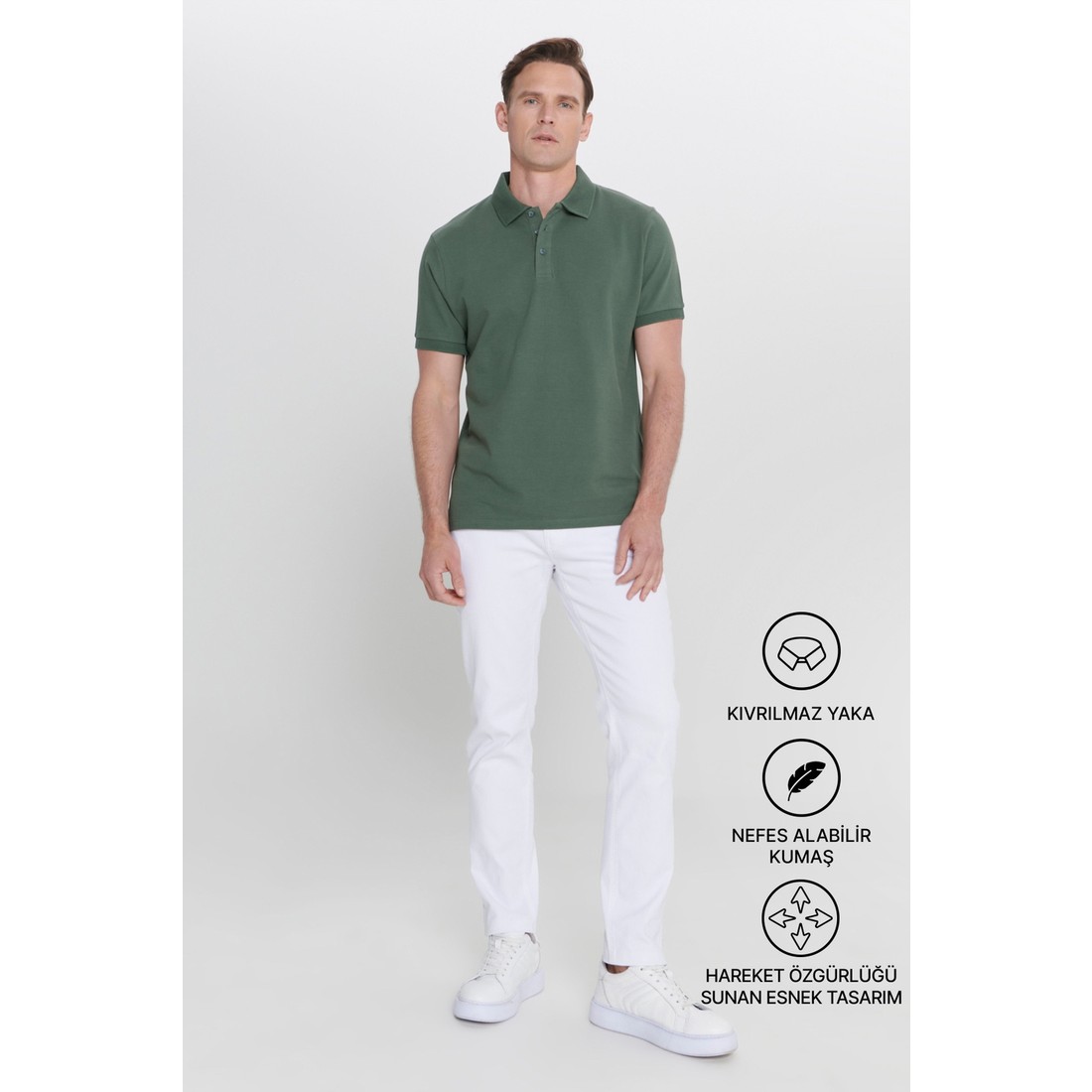 Altınyıldız Classics Erkek Haki %100 Pamuk Kıvrılmaz Pike Polo Yaka Slim Fit Dar Kesim Tişört