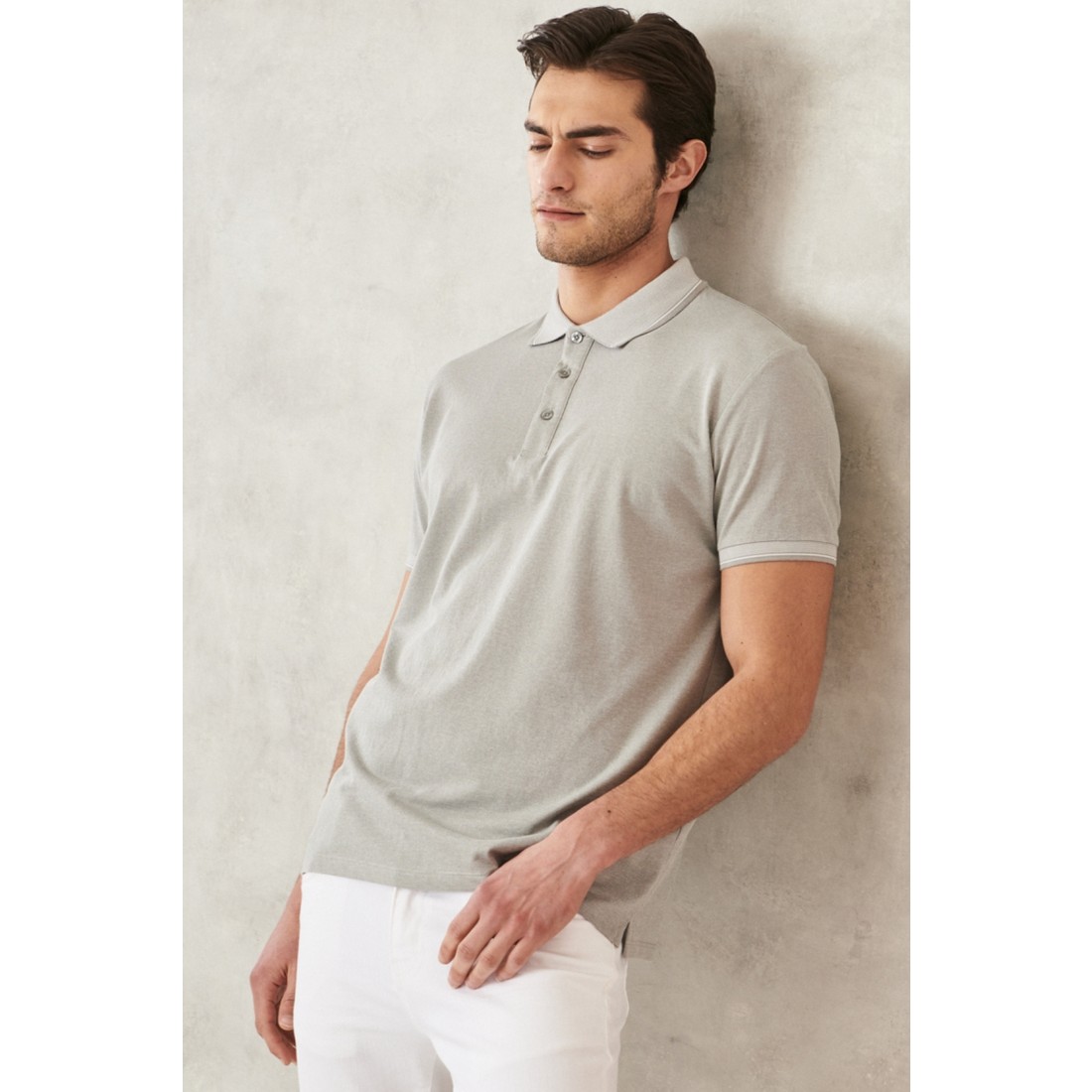 Altınyıldız Classics Erkek Çekmeyen Pamuklu Kumaş Slim Fit Dar Kesim Gri Kıvrılmaz Polo Yaka Tişört